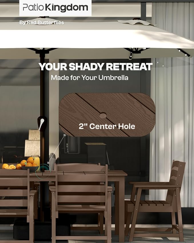 9-Piece Brown Outdoor Dining Set with White 15FT Large Patio Umbrella, 75.2'' HDPE Table & Chairs for 8, Weather-Resistant Furniture with Umbrella Hole for Patio, Lawn, Poolside