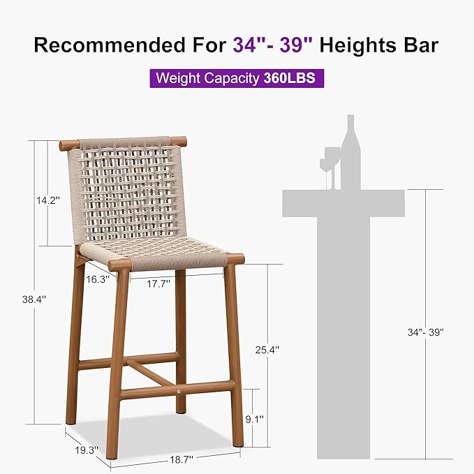 PURPLE LEAF Counter Height Stools Set of 2 with Back Aluminum Patio Bar Stools for Pool Lawn Kitchen All Weather Wicker Outdoor Bar Chairs Teak