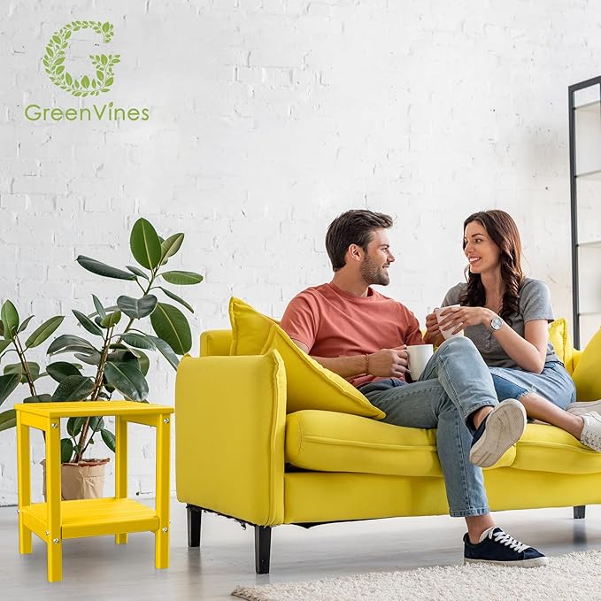 GREENVINES Adirondack-Outdoor-Side-Table | Set of 4 | 14 x 13 Inches | HDPE Plastic | All Weather | Yellow | Outside End Tables | Storage Shelf | for Patio Porch Backyard Indoor