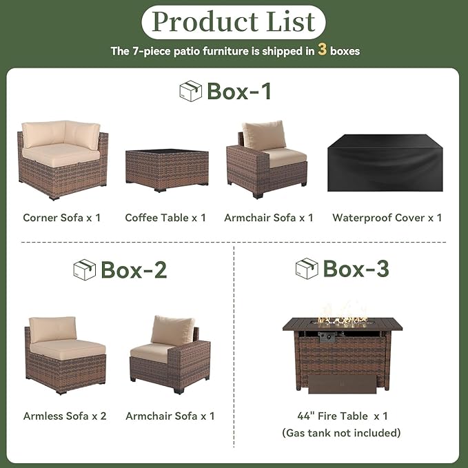 Aoxun 7 Piece Patio Furniture Set with Wide Armrests & 44” Fire Pit Table Wicker Rattan Outdoor Sectional Sofa Set with Coffee Table and Thick Cushion, Khaki (Waterproof Cover Included)