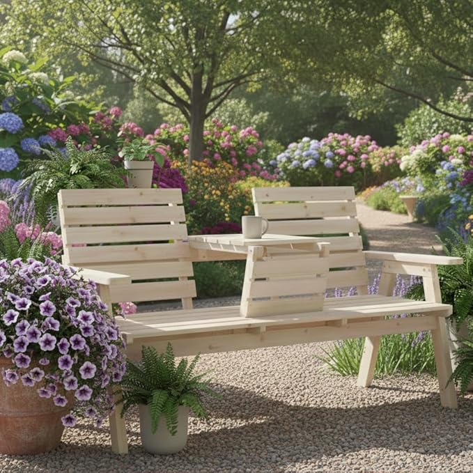 FORTUNO Cedar/Fir Log Wood Patio Garden Bench with Foldable Table, Outdoor Wooden Porch 3-Seat Bench Chair for Garden Balcony Patio Backyard, Natural Finish