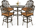 VIVIJASON 5-Piece Patio Swivel Bar Stools Set, All Weather Cast Aluminum Outdoor Bar Height Bistro Set with 4 Cushioned Bar Chairs & 35.4" High Bar Table w/Umbrella Hole for Backyard, Lawn, Garden