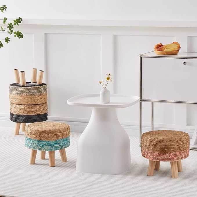 Wimarsbon Round Foot Stool Natural Seagrass Poufs Ottoman Hand Weave Footrest Stool for Couch Desk Extra Seat Step Stool with Solid Wood Legs for Hallway Patio Lounge Black