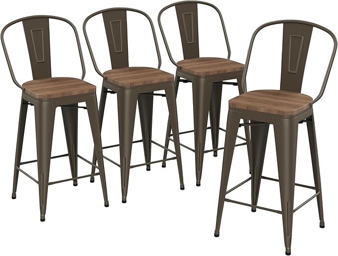 Yongqiang 26 inch Bar Stools Set of 4 Kitchen Counter Height Bar Chairs Modern Farmhouse High Back Metal Barstools with Large Wooden Seat Rusty