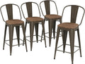 Yongqiang 26 inch Bar Stools Set of 4 Kitchen Counter Height Bar Chairs Modern Farmhouse High Back Metal Barstools with Large Wooden Seat Rusty