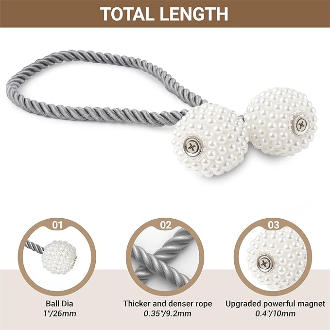 Hion Magnetic Curtain Tiebacks Grey 6 Pack, Curtain Tiebacks Buckles Holdbacks Holders Hooks Clip for Home Bedroom Office Decorative Thick or Thin Curtain