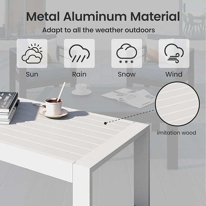 All-Weather Aluminum Outdoor Coffee Table, Modern Coffee Table for Outside, Rectangle Patio Coffee Table for Balcony Garden, White