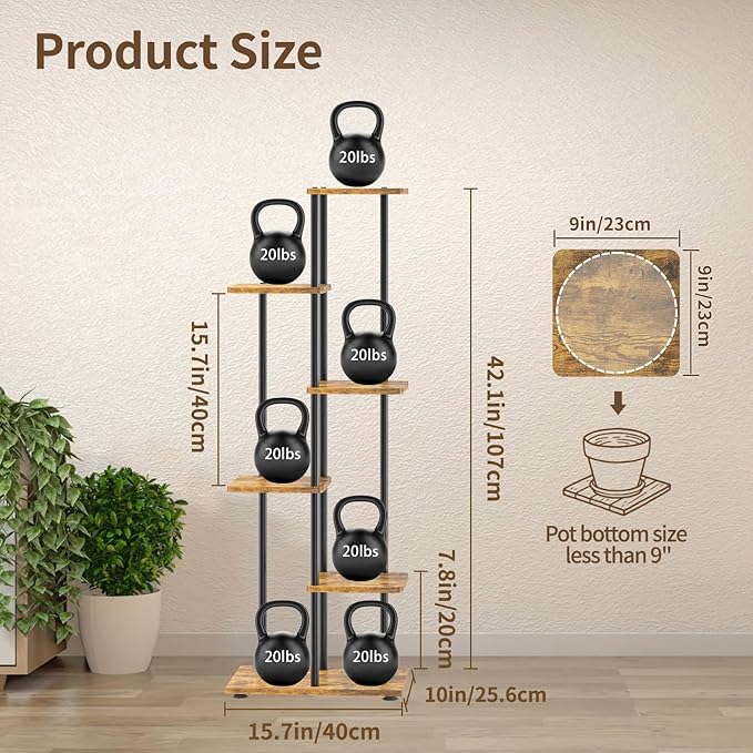 LASZOLA Black 5 Tier Wood Tall Plant Stand Indoor with Grow Lights, Large Heavy Duty Vertical Corner Rack for Multiple Planter, Sturdy Metal Rustic High Flower Shelf Holder Organizer for House Patio