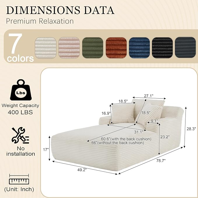80 Inch Chaise Lounge Chair Indoor, Oversized Corduroy Upholstered Boneless Sofa Bed, Deep Seat Sleeper Couch Reading Chairs, Cloud Sofas Couches for Living Room, No Assembly Required (Beige)