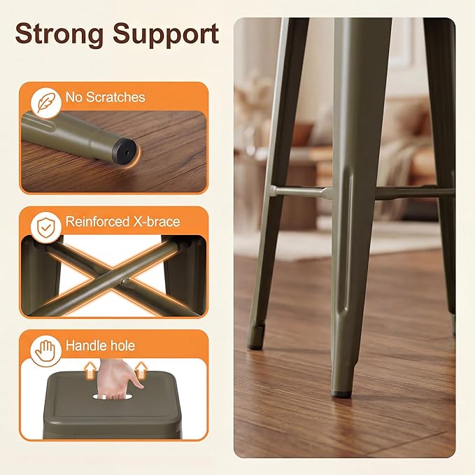 Shahoo 30 Inches Metal Bar Stools Counter Height Stackable Backless Stools, Industrial Patio Stools Indoor Outdoor Metal Kitchen Stools Set of 4 (Gun, 30'')