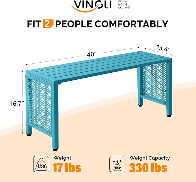 VINGLI 40in Outdoor Metal Bench, All-Weathe Backless Patio Bench with Slatted Seat＆Floral Side Panels, Rust-Resistant Garden Bench, Weatherproof Outdoor Seating for Porch Entryway Backyard (Blue)
