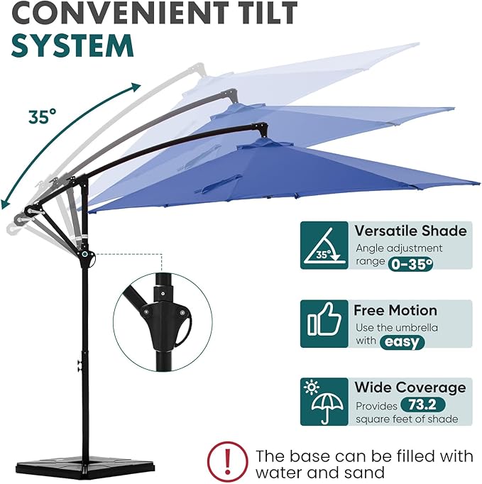 OLIXIS 9.7FT Offset Patio Umbrella with Base, Cantilever Table Umbrellas for Outdoor Sun Shade UV Protection with Easy Tilt Adjustment, 8 Ribs for Backyard, Lawn, Garden, Pool - Blue