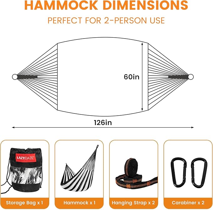 Lazy Daze Hammocks Handwoven Mayan Hammock, 10.5 FT Soft Rope Double Hammocks, Portable Outdoor Hammock with Carry Bag, 2 Straps & Carabiners for Patio Outside, 550 lbs Weight Capacity, Black/White