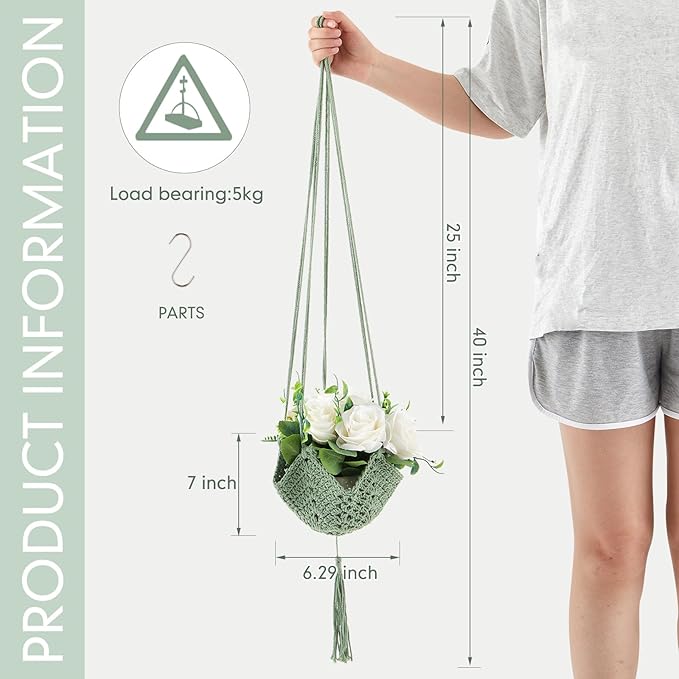 Shappy 1 Pack Jute Crochet Long Plant Hanger for 3 Inch to 12 Inch Pots, Macrame Plant Holder Rope with S Shaped Hooks for Halloween Home Decor (Sage Green)