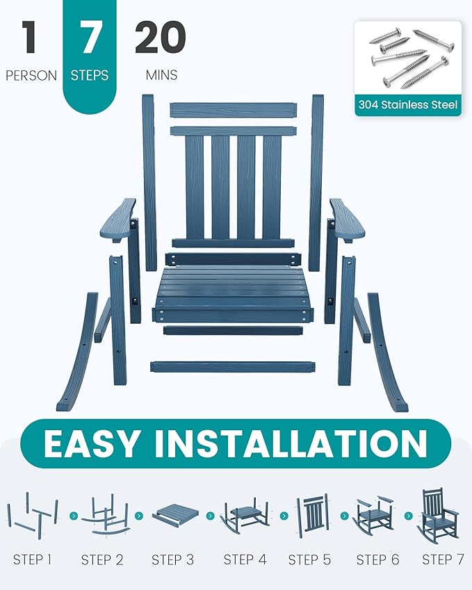 SERWALL HDPE Outdoor Rocking Chair Set of 8, Patio Rocking Chairs for Adults, All Weather Outdoor Rockers for Lawn, Blue