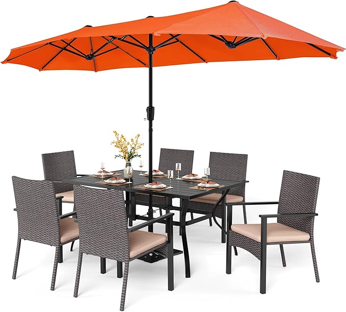 PHI VILLA 7 Pieces Patio Dining Set with Umbrella for 6, 60” Large Metal Iron Dining Table & Cushioned Rattan Wicker Chairs & 13ft Red Umbrella for Patio, Deck, Yard, Porch