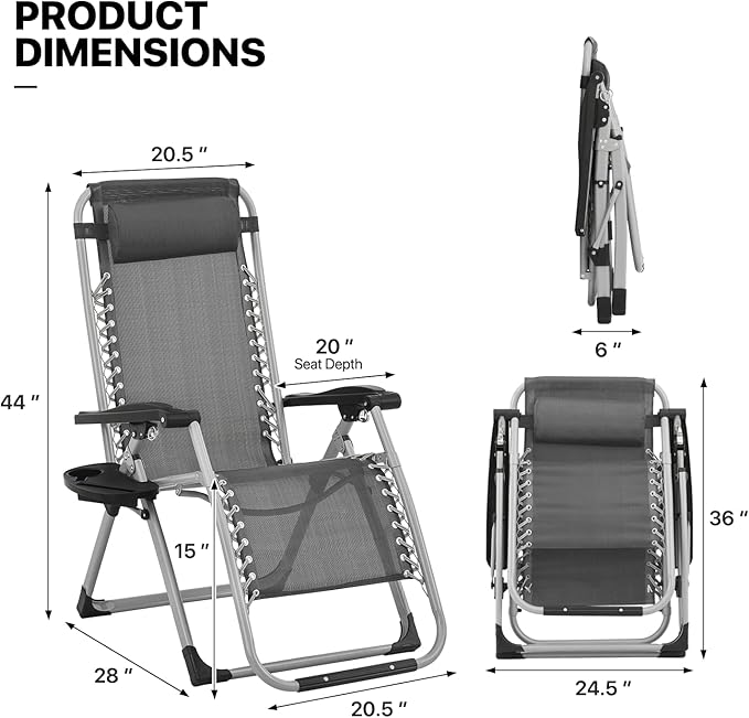 MoNiBloom Beach Chaise Lounge Chair, Patio Folding Recliner with Removable Cushion, Headrest & Tray, Portable Tanning Sunbathing Chair for Poolside Beach Porch Yard, Reinforced Bar, 330lbs Grey