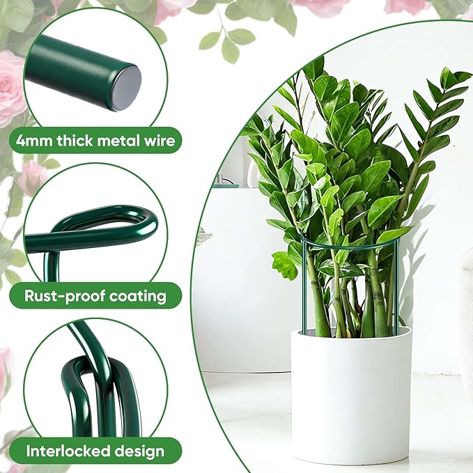6 Pack 32 or 16 inch Adjustable Plant Support Stakes, Heavy-Duty Half Round Peony Support, Garden Plant Stakes Cage for Outdoor Plants, Peony, Tomato, Hydrangea, (16In Support +16In Extension Tubes)
