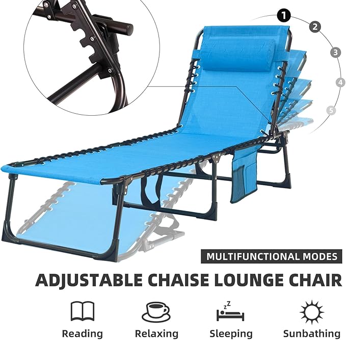 Folding Chaise Lounge Chair Bed - Heavy-Duty 400lb Capacity Portable Adjustable Recliner w/Pillow for Patio, Pool, Camping, Sunbathing - Lay Flat Design (Blue)