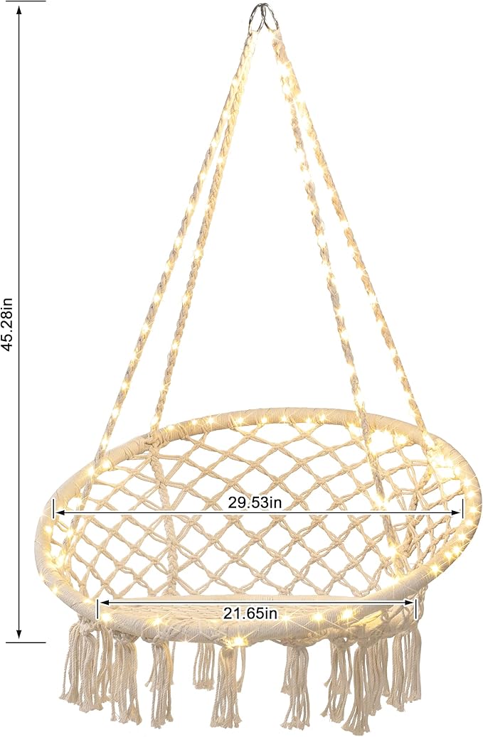 Sonyabecca LED Macrame Hammock Hanging Swinging Chair, Indoor/Outdoor Hanging Chair with 472" LED String for Bedroom, Patio, Deck, Yard, and Garden, Comfy Large Size 55x75 cm (No Stand)