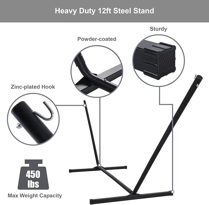Double Hammock with Stand, Quick Dry Hammock with 12FT Stand for Outside, Poolside, 450 Lbs Capacity, Dark Grey