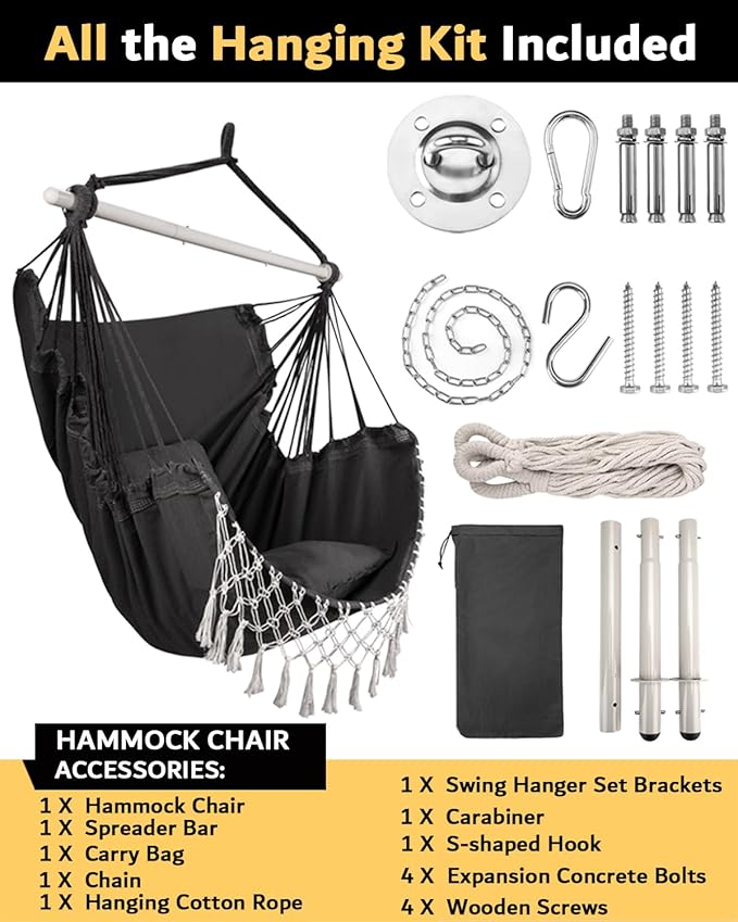MIZTLI Hammock Chair Hanging Chair Swing Chair XXL Large Macrame Swing Indoor Hammock for Bedroom - Max 500 Lbs - All Hanging Kit Included