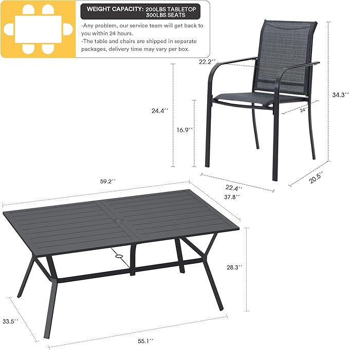 VICLLAX 7 Pieces Patio Dining Set for 6, Outdoor Furniture Set Includes 59" Rectangle Outdoor Table and 6 Stackable Patio Sling Chairs, Black Tabletop and Grey Fabric