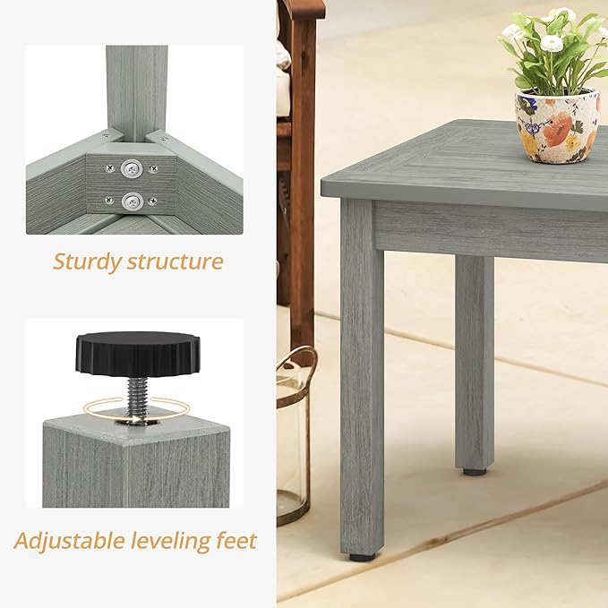 LUE BONA Outdoor Coffee Table Rectangle, 42.5" HDPS Patio Coffee Tables for Outside, All Weather Patio Coffee Table with Slatted Tabletop for Deck, Garden, Balcony, Indoor or Outdoor Use, Light Gray
