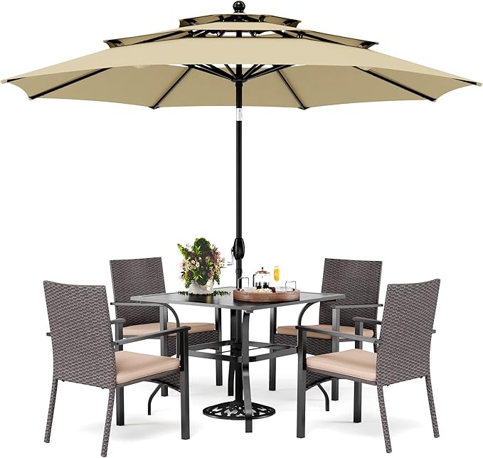 PHI VILLA 5 Pieces Outdoor Dining Set with Umbrella for 4, 37" Square Metal Dining Table & 4 Cushioned Wicker Rattan Chairs with 10ft Beige Umbrella for Patio, Deck, Yard, Porch