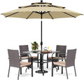 PHI VILLA 5 Pieces Outdoor Dining Set with Umbrella for 4, 37" Square Metal Dining Table & 4 Cushioned Wicker Rattan Chairs with 10ft Beige Umbrella for Patio, Deck, Yard, Porch