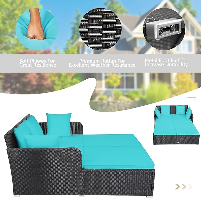 HAPPYGRILL Outdoor Rattan Daybed Patio Loveseat Sofa Set with Padded Cushion Pillows and Sturdy Aluminum Foot, Wicker Patio Furniture for Garden Porch Poolside