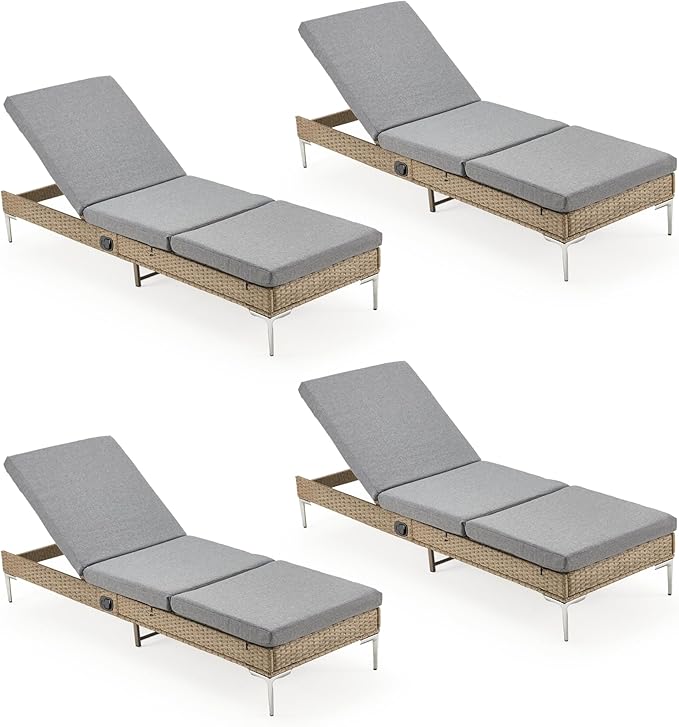 HOMREST Outdoor Chaise Lounge Chair Set of 4, Patio Wicker Lounge Chairs with Adjustable Backrest, Rattan Pool Sunbathing Chaiser Suitable for Garden,Porch,Grey