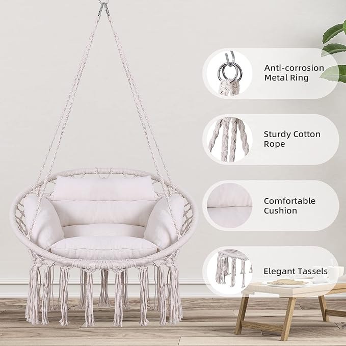 Goutime Hammock Chair, Macrame Hanging Swing Chairs with Cushion and Hardware Kit,Adult Boho Swings for Outside,Patio,Balcony,Bedroom (Beige)