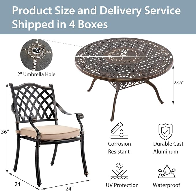 7-Piece Cast Aluminum Patio Furniture, Outdoor Dining Sets for 6 Include 54" Round Patio Dining Table and 6 Stackable Chairs with Cushions & Umbrella Hole (Bronze)