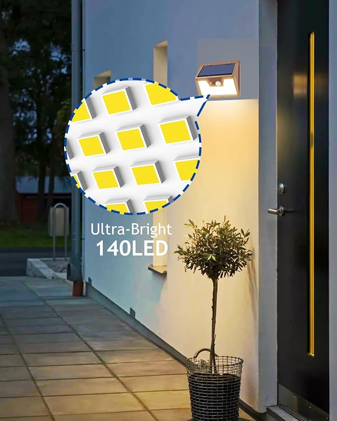 Peasur Solar Lights Outdoor Motion Sensor Waterproof, 2Pack 140LED Brown Solar Powered Fence Light, 3 Modes Security Wall Lights for Garden Yard Outside(Warm White)