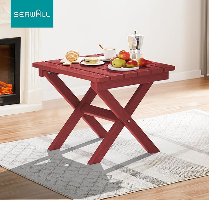 SERWALL Folding Adirondack Side Table, HDPE Small Outdoor Table, No Assembly Required End Table for Backyard Pool Porch Garden Lawn, Red