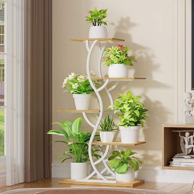 Plant Stand Indoor with Grow Lights - 44" Tall Corner Plant Stands for Indoor Plants, 5 Tiered Metal Plant Shelf, Curved Plant Flower Holder Dispaly Rack for Living Room, Home Patio Balcony (White)