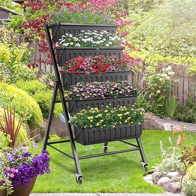 SEJOV 4FT Vertical Raised Garden Bed, 5-Tier Vertical Garden Planter with Drainage System, Larger Elevated Planter Box for Herb Vegetables Flowers Indoor Outdoor Planters (Black with Lockable Wheels)