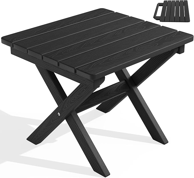 SERWALL Portable Folding Adirondack Table, HDPE Material Outdoor End Table, No Assembly Required, Weather-Resistant, 110 lbs Capacity, Small Table for Indoor and Outdoor uses, Black