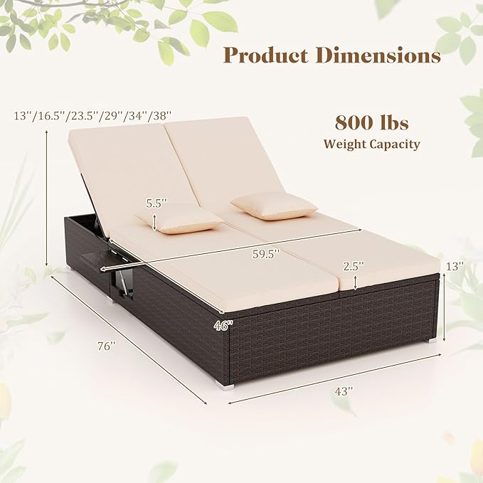 Tangkula Outdoor Rattan Daybed with 6-Level Adjustable Backrests, 2-Person Adjustable Wicker Recliner Bed with Cushions & Folding Side Trays, Double Sunbed Lounger for Balcony, Backyard & Poolside