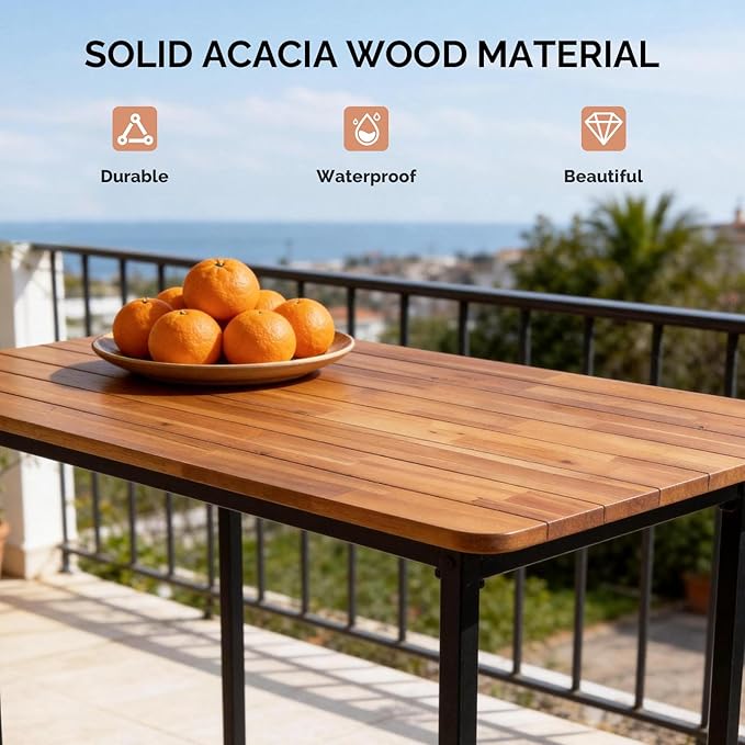 VINGLI 5 Pieces Outdoor Patio Bar Set, Acacia Wood Outdoor Dining Set Patio Table and Chairs Set for Porch Poolside Backyard Garden Balcony