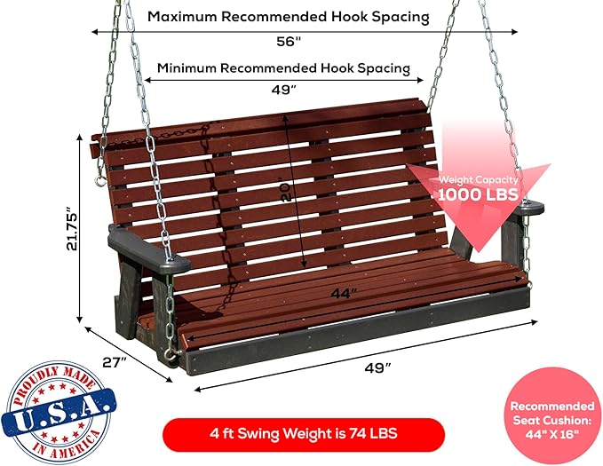 Poly Lumber Wood 4FT Porch Swing Amish Craftsmandship Made in USA HDPE with No wood fibers and 1000 lbs Limit. Stainless Steel Hardware.Signature Rollback design for Patio Outdoor Backyard Garden Park