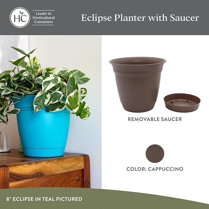 The HC Companies 8 Inch Eclipse Round Planter Pots with Drainage Holes & Attached Saucer, Lightweight UV-Resistant Plastic Indoor & Outdoor Planters, 4-Pack Flower Pots, Garden Home Decor, Cappuccino
