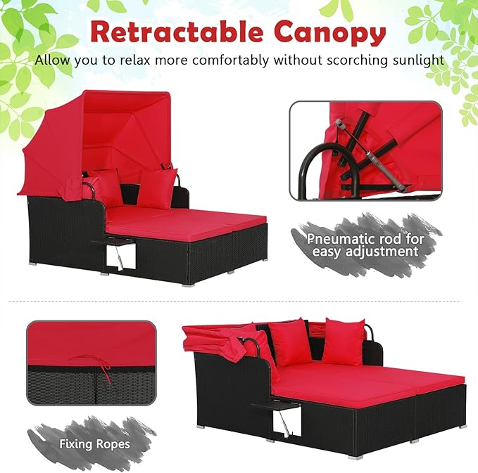 ORALNER Outdoor Daybed, 2-Person Wicker Patio Sofa with Retractable Canopy, Cushions & Pillows, 2 Side Trays, PE Rattan Double Sunbed Lounger for Deck Poolside Backyard Garden Balcony (Red)