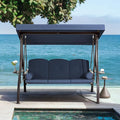 HOMREST 3 Person Outdoor Porch Swing with 1.5" Deep Cup Holder, Adjustable Canopy, Backrest, Patio Swing Bed with Weather Resistant Steel Frame, Cushions for Garden,Deck and Poolside(Blue)