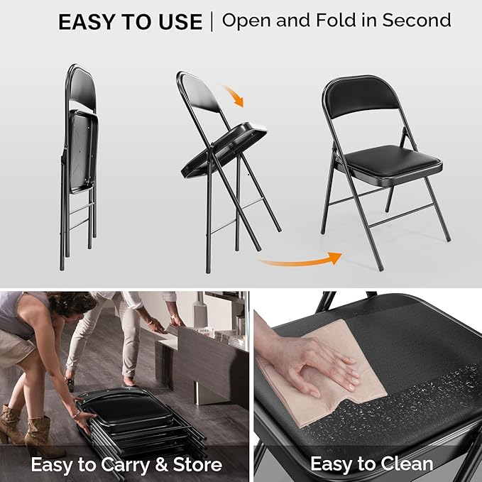 VINGLI 8 Pack Folding Chairs with Padded Seats, Metal Frame with Pu Leather Seat & Back, Capacity 350 lbs, Black