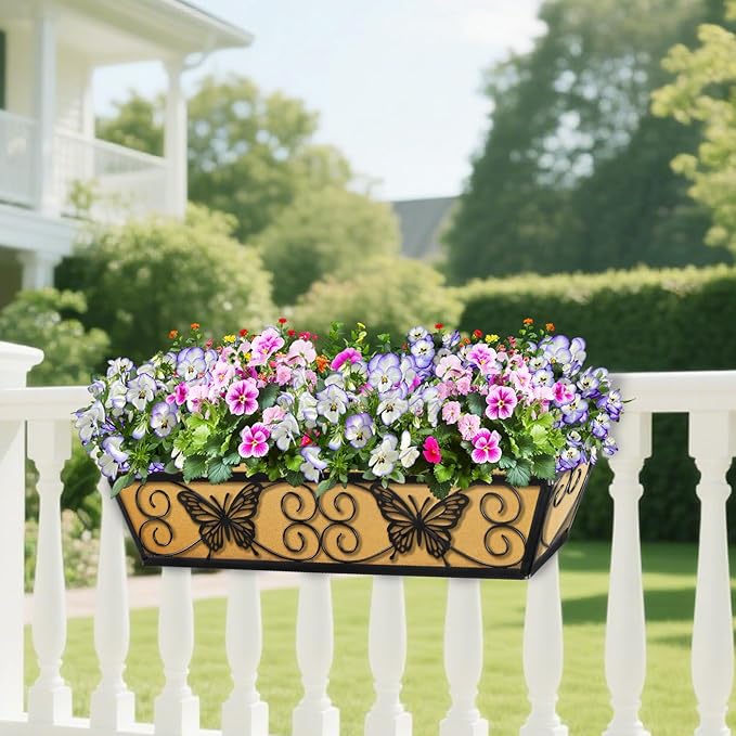 2 Pack 24 Inch Window Boxes Planters Railing Planter Box with Adjustable Brackets for Porch Fence Patio Balcony Hanging Flower Baskets with Woven Fabric for Outdoor Garden Decor - Black