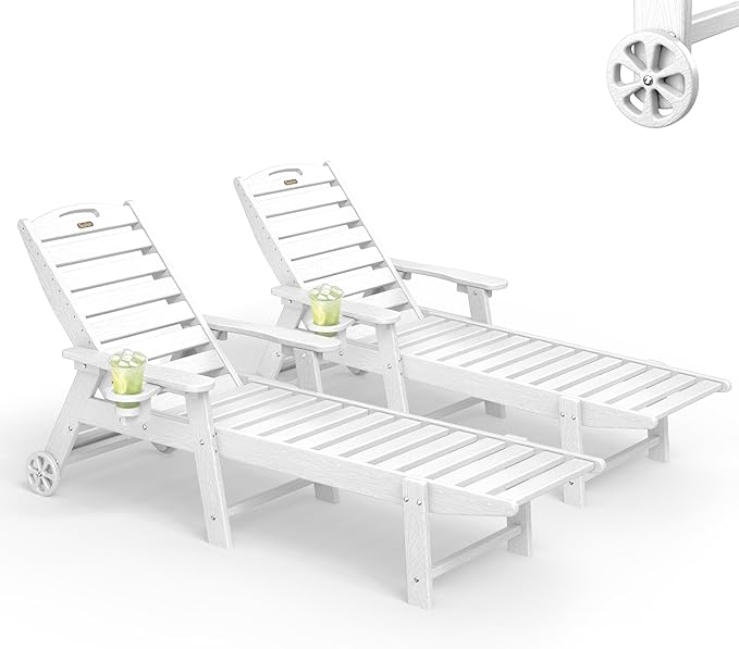 Lounge Chair Outdoor Set of 2, HDPE Chaise Lounge Outdoor, Pool Lounge Chair for Pool Poolside Deck Backyard Patio, White