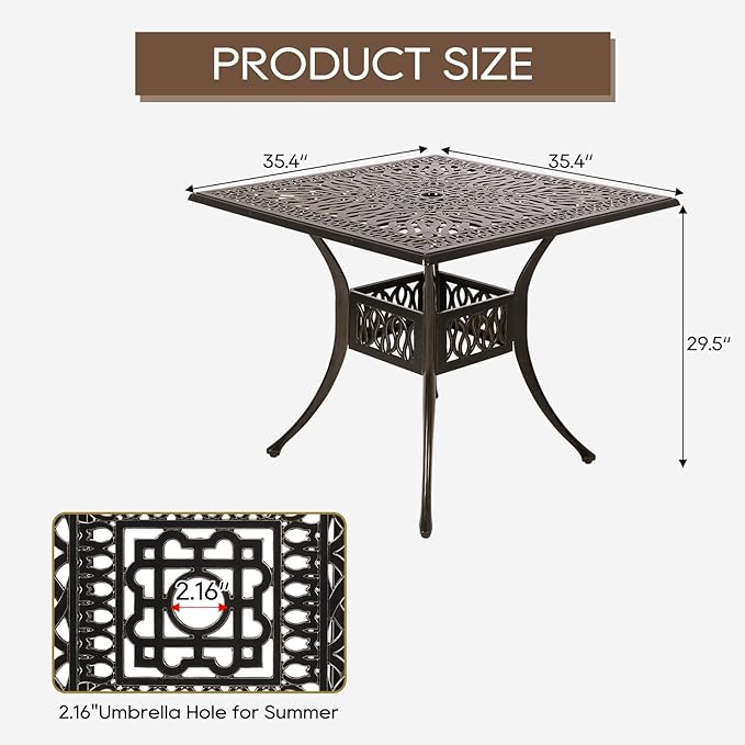 Patio Dining Table,Cast Aluminum Patio Table with Umbrella Hole, Outdoor Bistro Table for Backyard, Garden, Patio (35" Rectangle Dining Table)