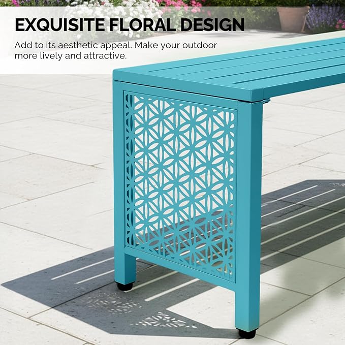 VINGLI 40in Outdoor Metal Bench, All-Weathe Backless Patio Bench with Slatted Seat＆Floral Side Panels, Rust-Resistant Garden Bench, Weatherproof Outdoor Seating for Porch Entryway Backyard (Blue)